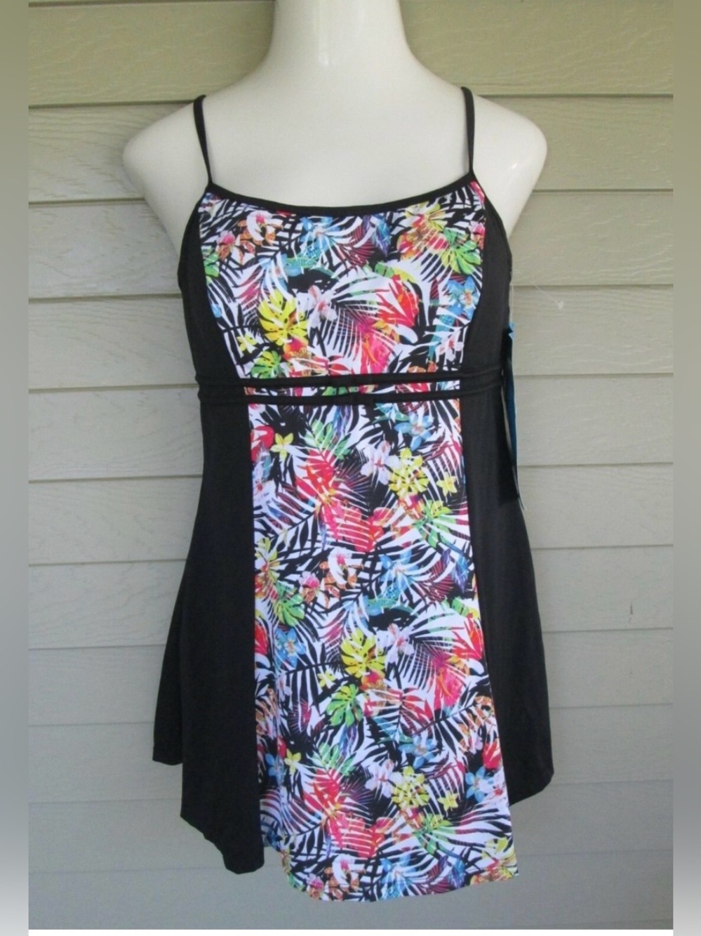 fit 4 u Black Swim Dress with Floral Front Panel